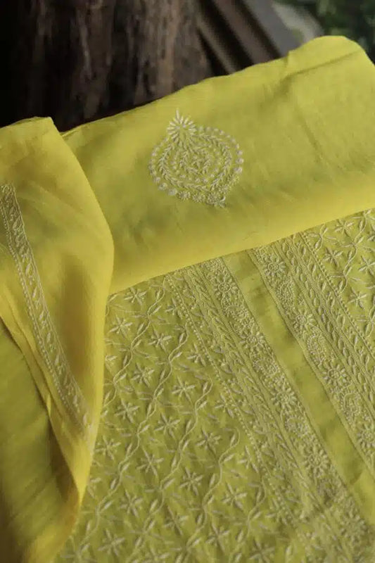 Yellow All Over Chikankari Malmal Unstitched Men's Kurtas Fabric