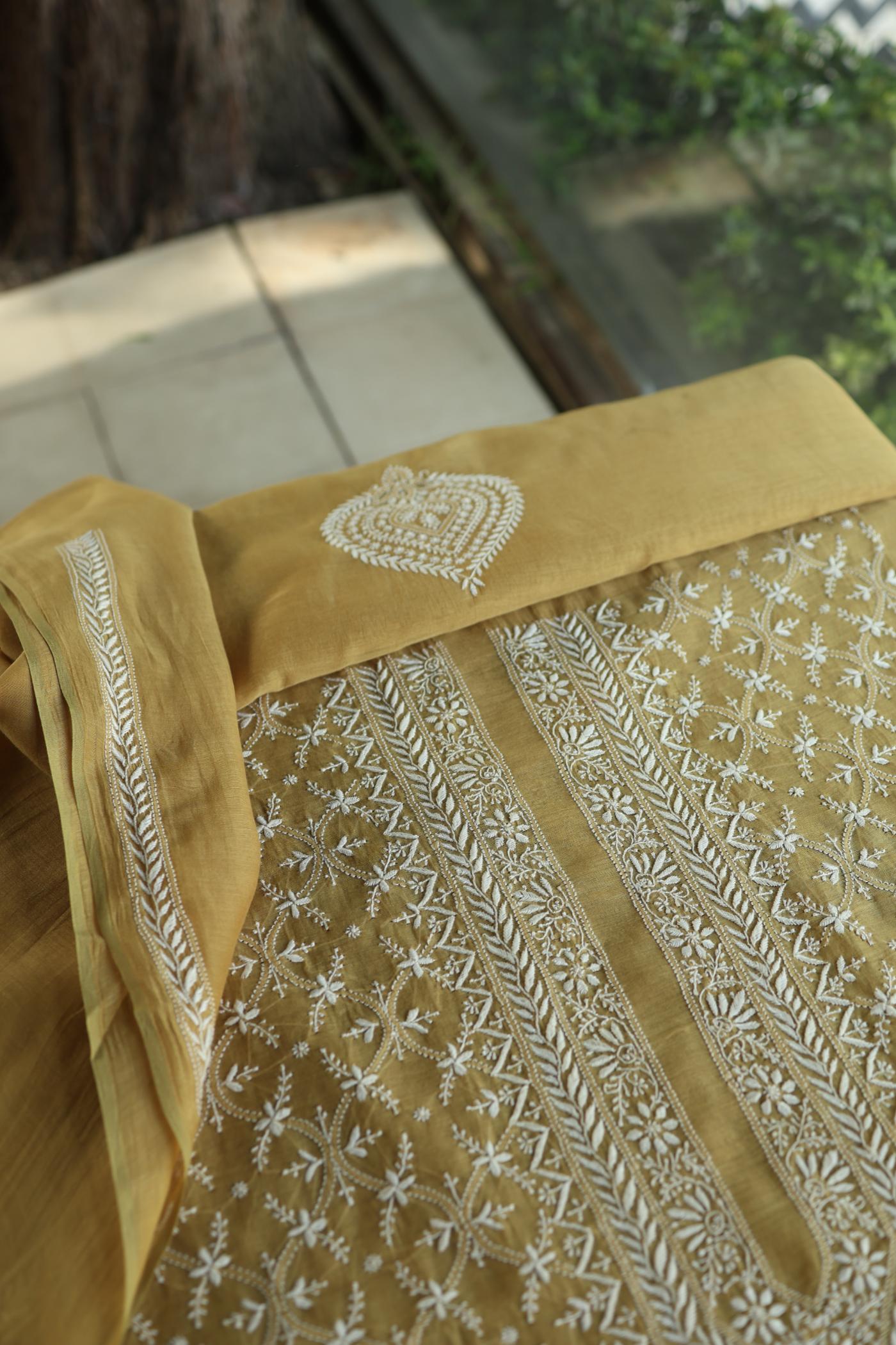 Yellow All Over Chikankari Malmal Unstitched Men's Kurtas Fabric