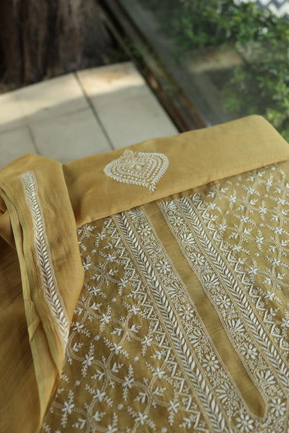 Yellow All Over Chikankari Malmal Unstitched Men's Kurtas Fabric