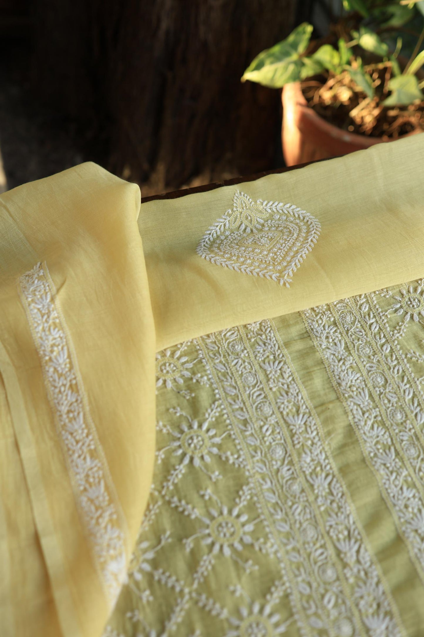 Yellow All Over Chikankari Malmal Unstitched Men's Kurtas Fabric