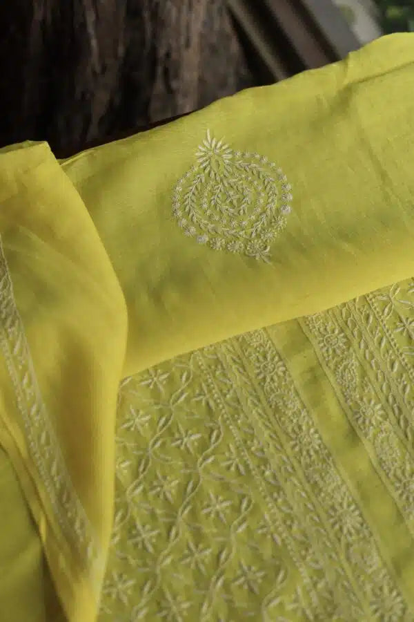 Yellow All Over Chikankari Malmal Unstitched Men's Kurtas Fabric
