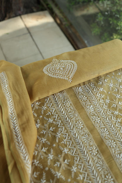 Yellow All Over Chikankari Malmal Unstitched Men's Kurtas Fabric