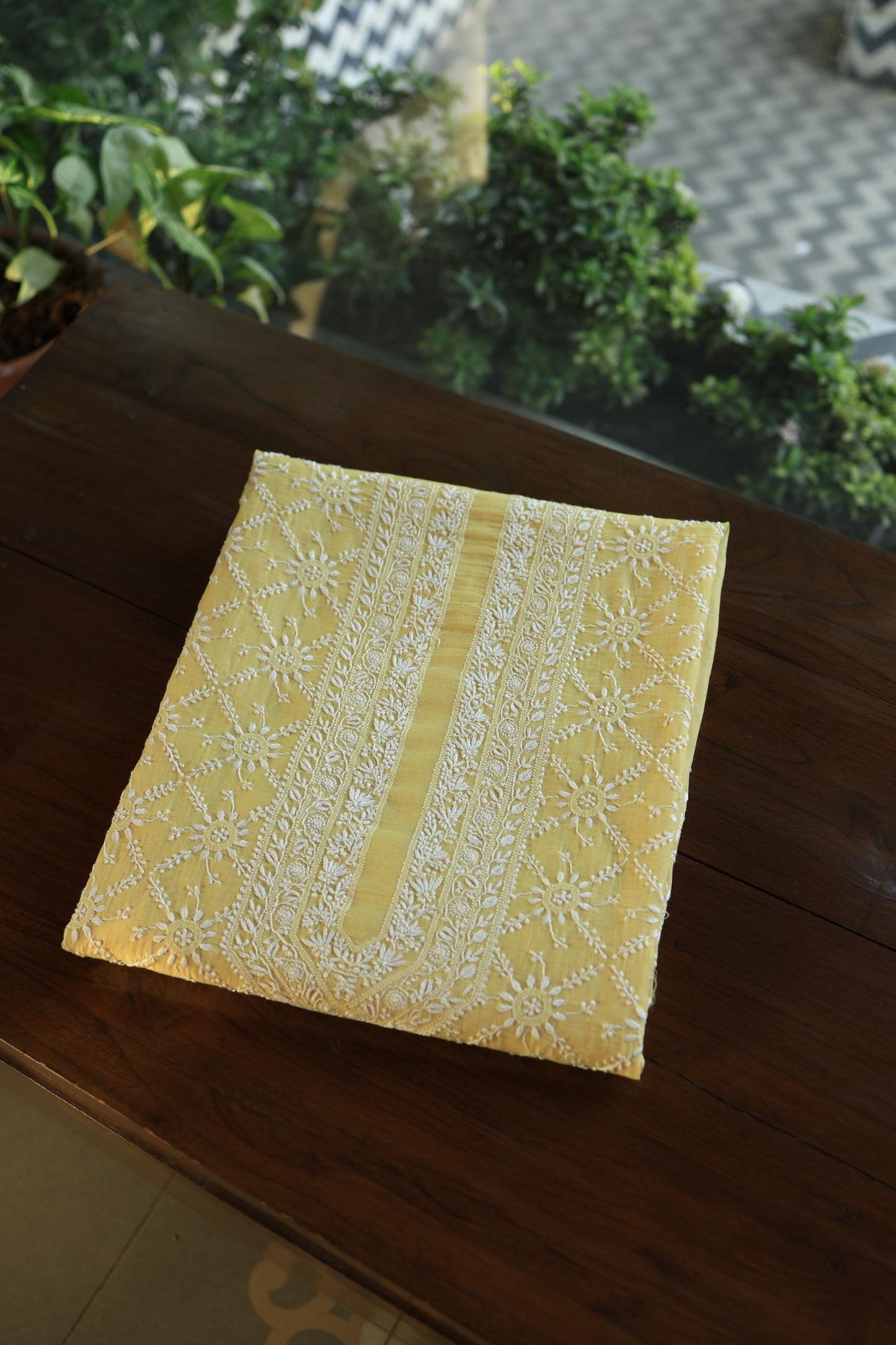Yellow All Over Chikankari Malmal Unstitched Men's Kurtas Fabric