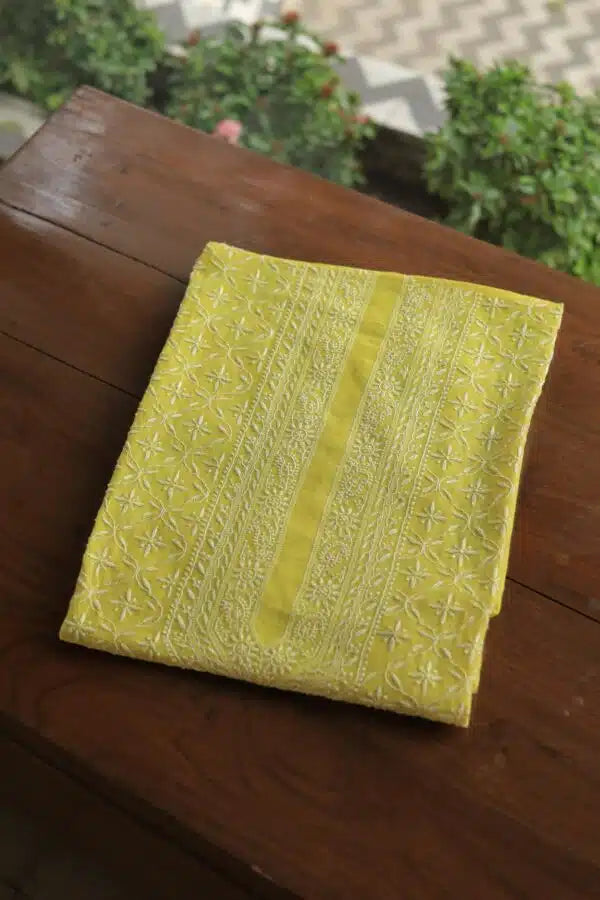 Yellow All Over Chikankari Malmal Unstitched Men's Kurtas Fabric
