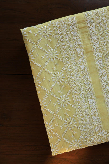 Yellow All Over Chikankari Malmal Unstitched Men's Kurtas Fabric