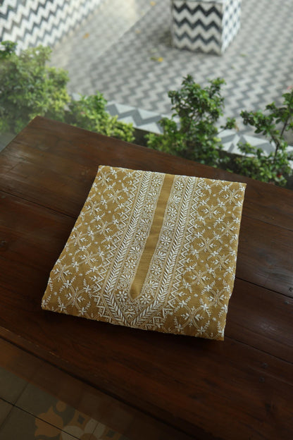 Yellow All Over Chikankari Malmal Unstitched Men's Kurtas Fabric