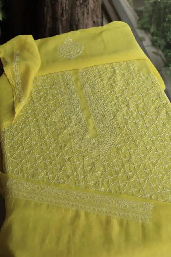 Yellow All Over Chikankari Malmal Unstitched Men's Kurtas Fabric