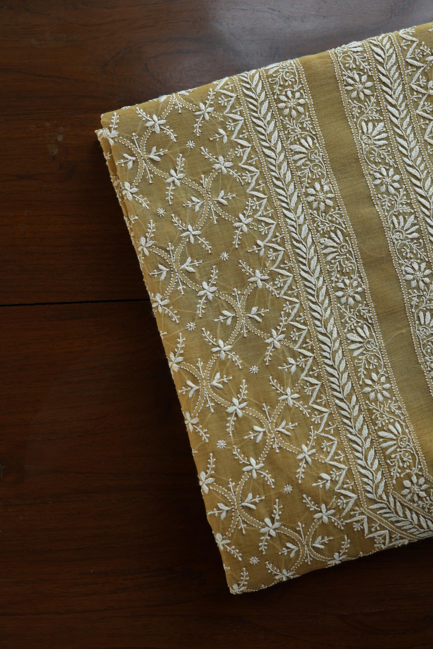 Yellow All Over Chikankari Malmal Unstitched Men's Kurtas Fabric