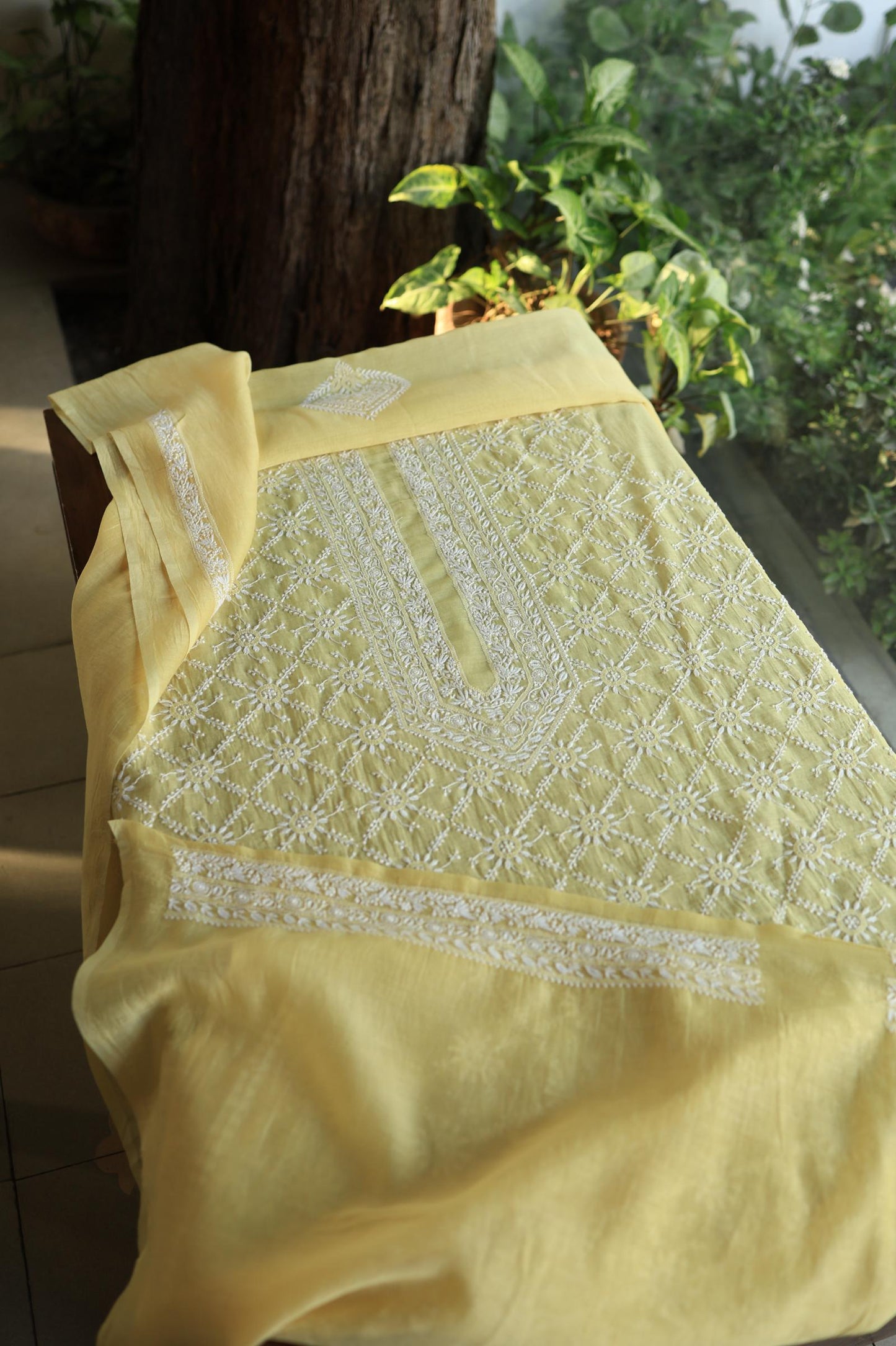 Yellow All Over Chikankari Malmal Unstitched Men's Kurtas Fabric