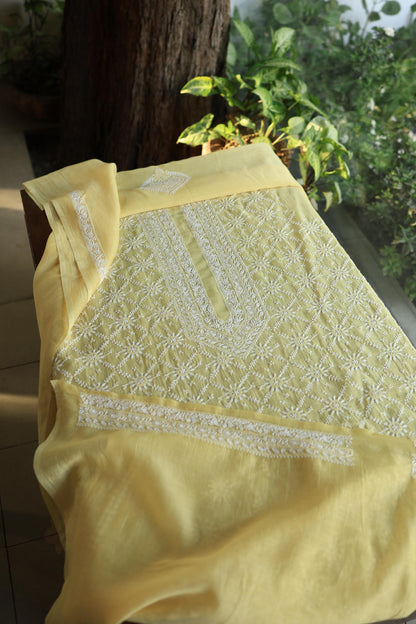 Yellow All Over Chikankari Malmal Unstitched Men's Kurtas Fabric