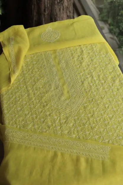 Yellow All Over Chikankari Malmal Unstitched Men's Kurtas Fabric
