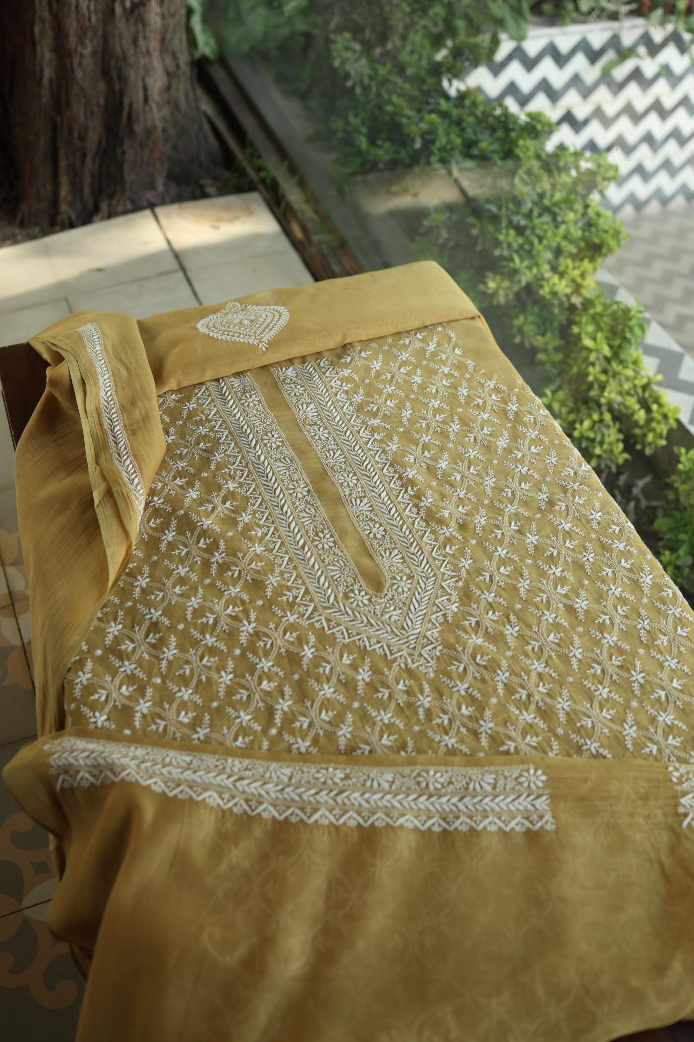 Yellow All Over Chikankari Malmal Unstitched Men's Kurtas Fabric