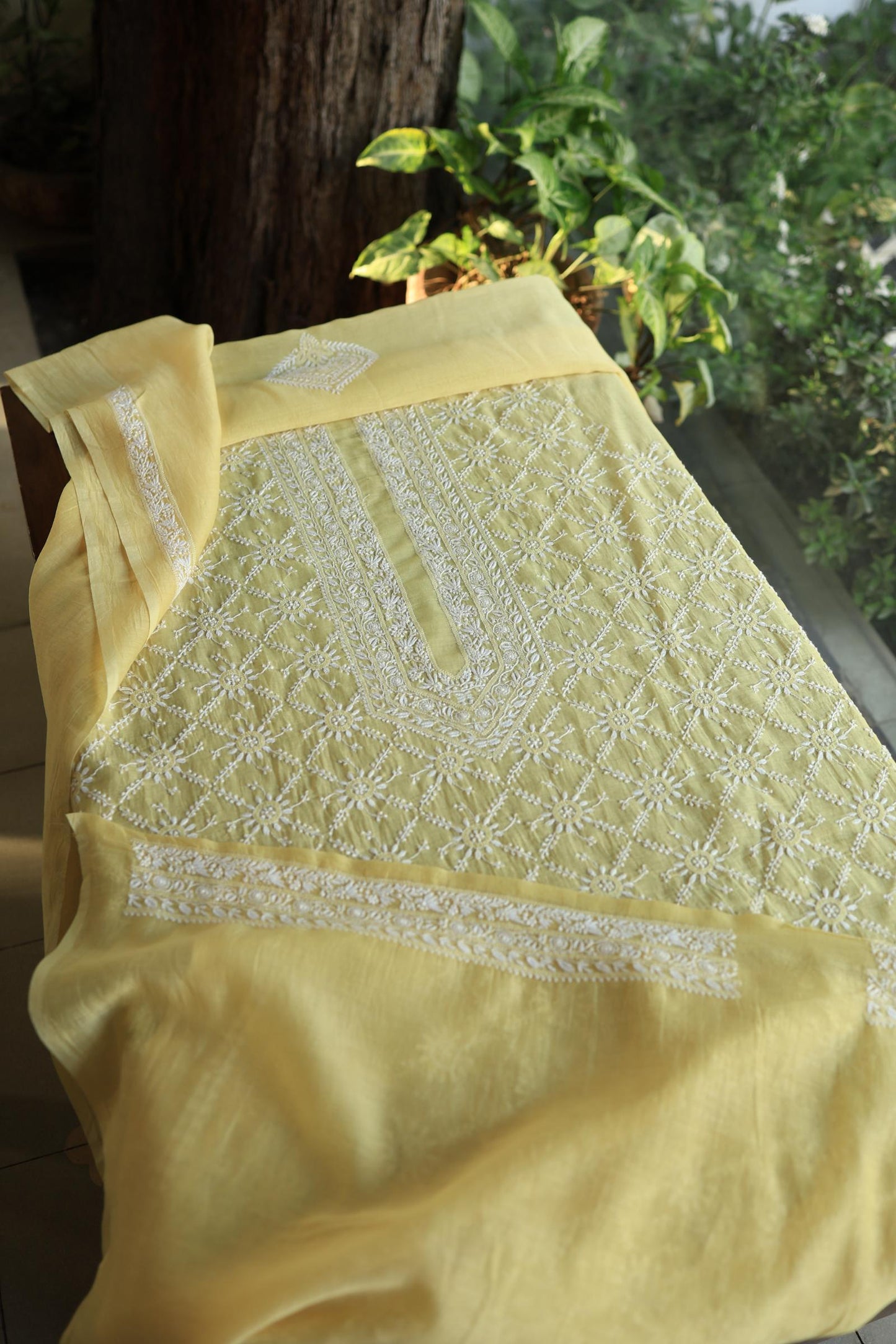 Yellow All Over Chikankari Malmal Unstitched Men's Kurtas Fabric