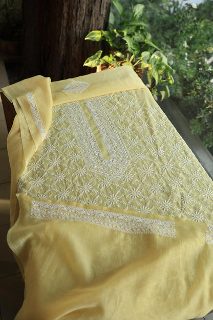 Yellow All Over Chikankari Malmal Unstitched Men's Kurtas Fabric