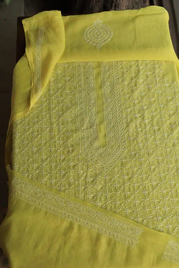 Yellow All Over Chikankari Malmal Unstitched Men's Kurtas Fabric