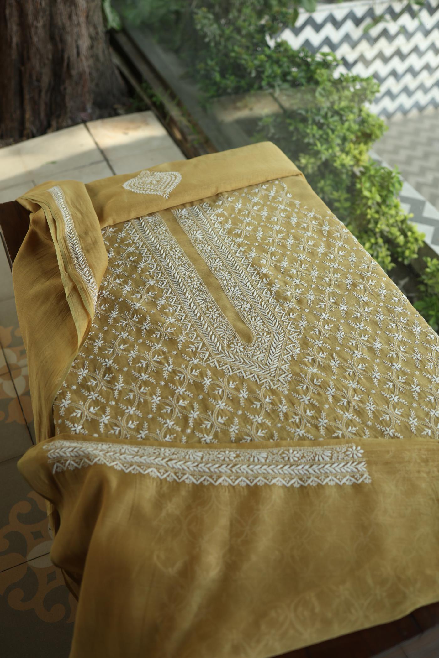 Yellow All Over Chikankari Malmal Unstitched Men's Kurtas Fabric