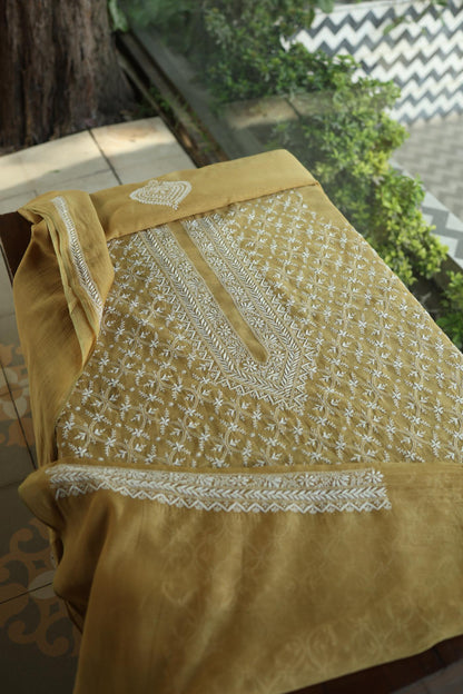Yellow All Over Chikankari Malmal Unstitched Men's Kurtas Fabric