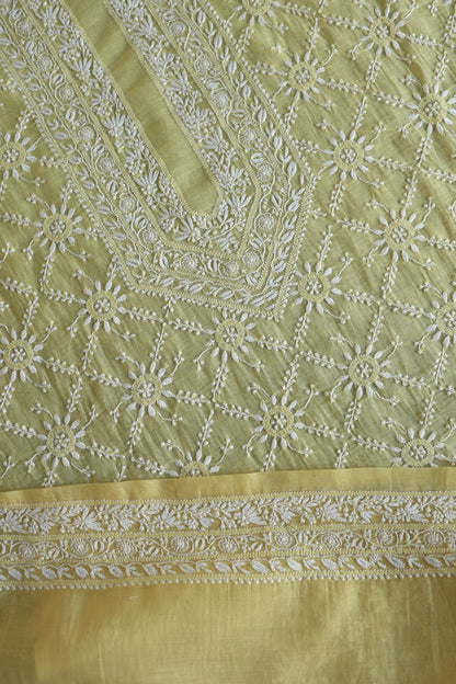 Yellow All Over Chikankari Malmal Unstitched Men's Kurtas Fabric