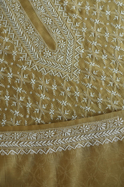 Yellow All Over Chikankari Malmal Unstitched Men's Kurtas Fabric