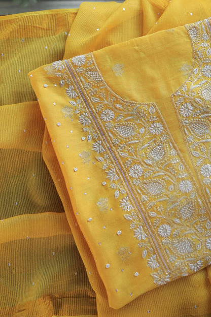 Bright Yellow Banarasi Zari Chanderi Unstitched Chikankari Fabrics