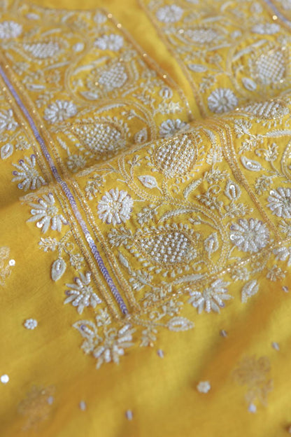 Bright Yellow Banarasi Zari Chanderi Unstitched Chikankari Fabrics