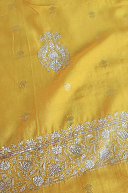Bright Yellow Banarasi Zari Chanderi Unstitched Chikankari Fabrics