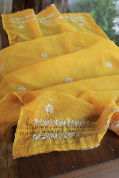 Bright Yellow Banarasi Zari Chanderi Unstitched Chikankari Fabrics