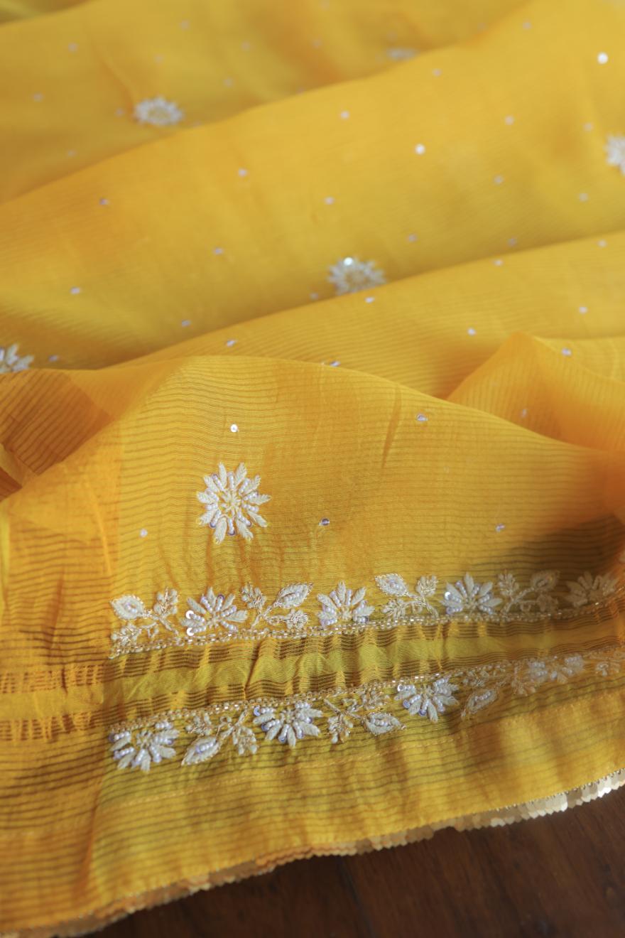 Bright Yellow Banarasi Zari Chanderi Unstitched Chikankari Fabrics