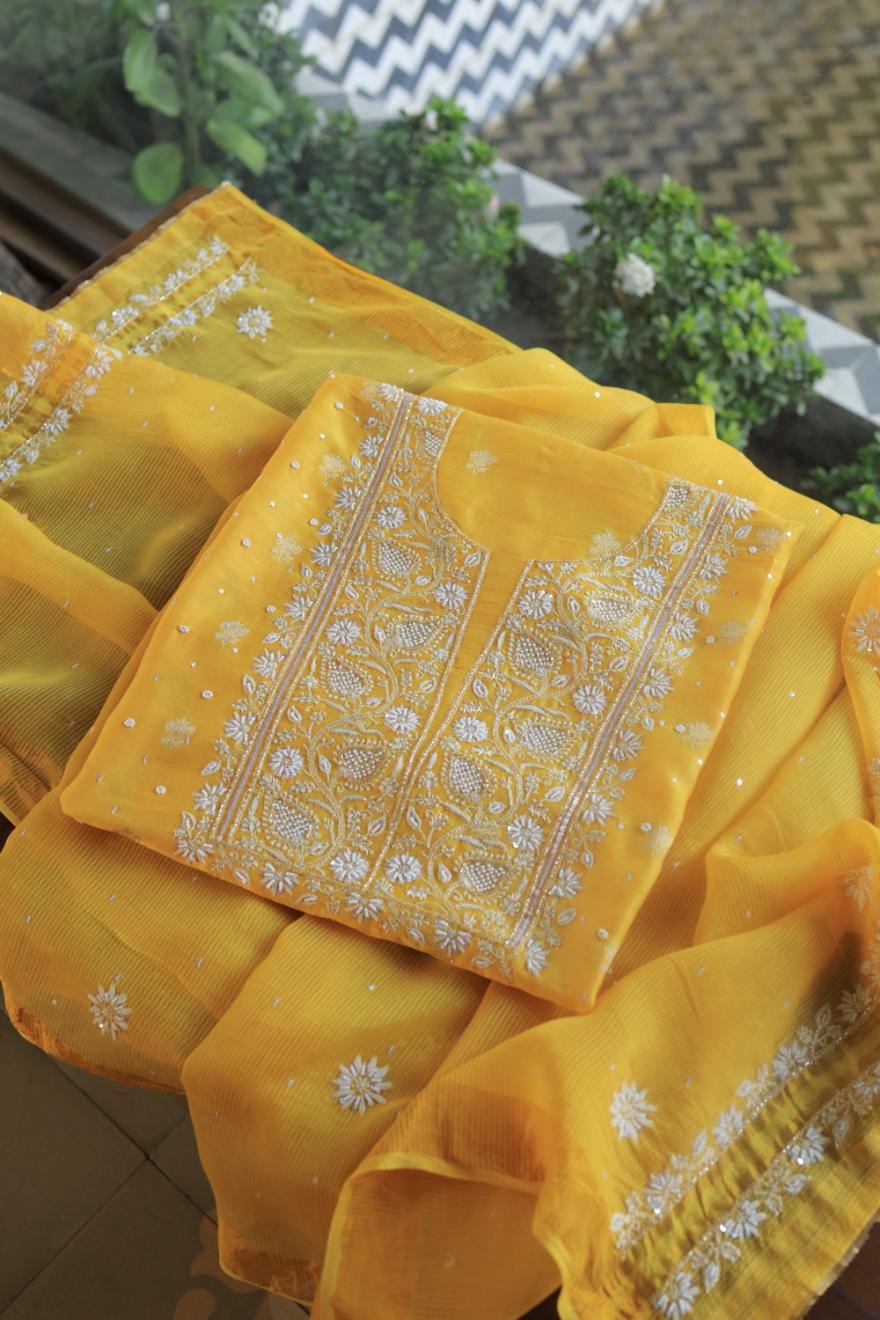 Bright Yellow Banarasi Zari Chanderi Unstitched Chikankari Fabrics
