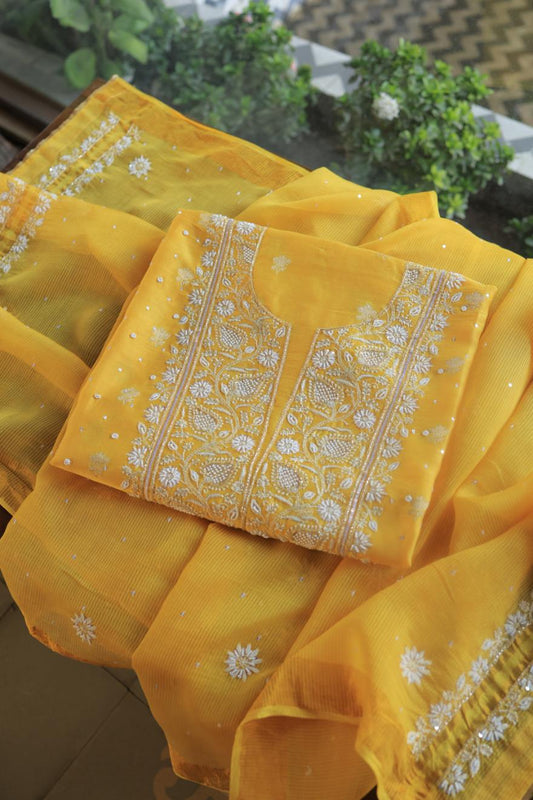 Bright Yellow Banarasi Zari Chanderi Unstitched Chikankari Fabrics