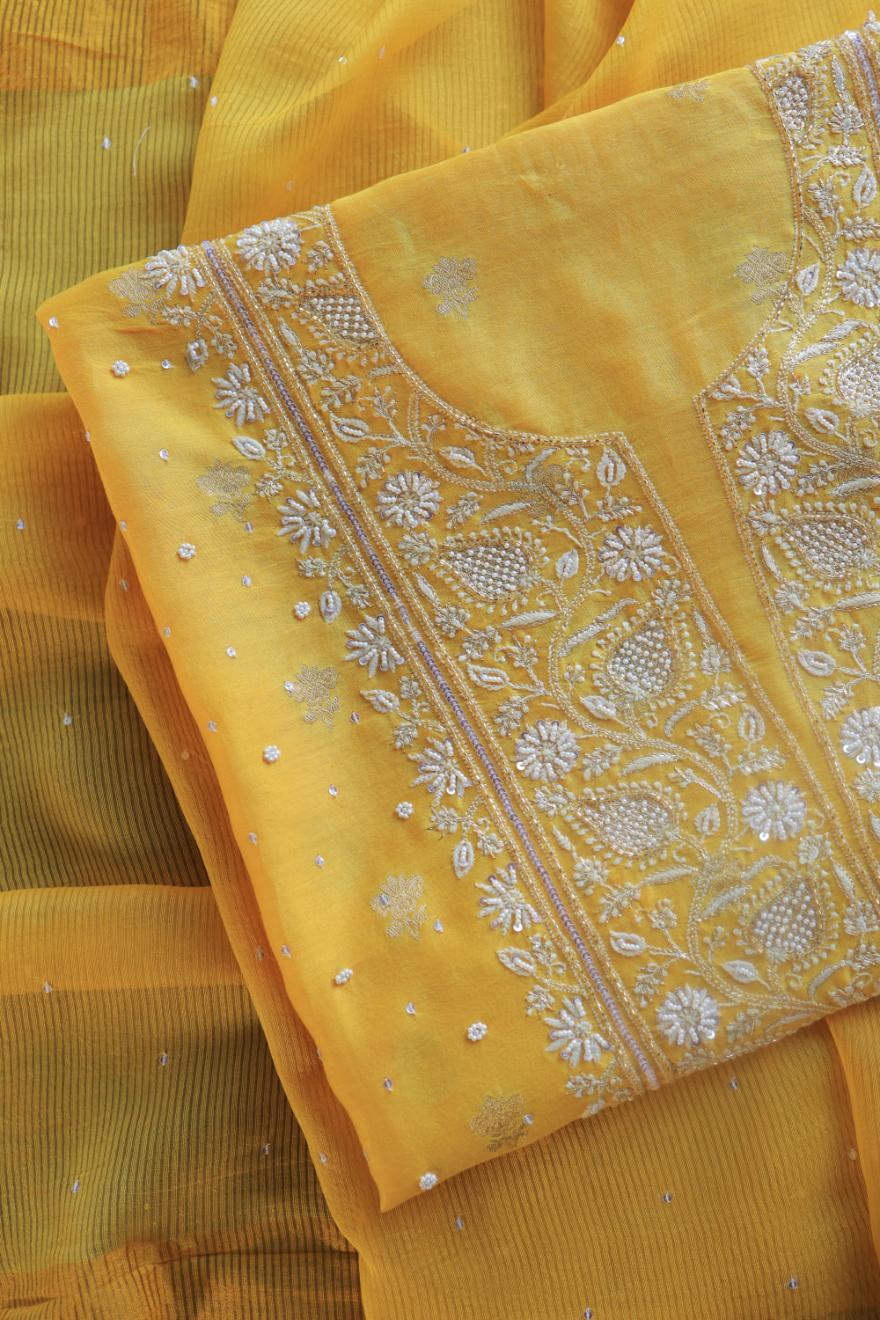 Bright Yellow Banarasi Zari Chanderi Unstitched Chikankari Fabrics