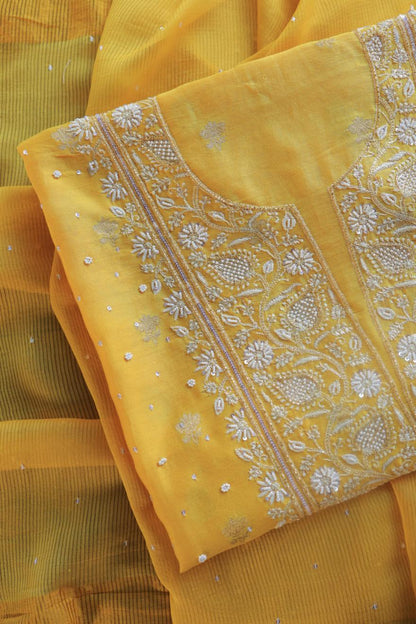Bright Yellow Banarasi Zari Chanderi Unstitched Chikankari Fabrics
