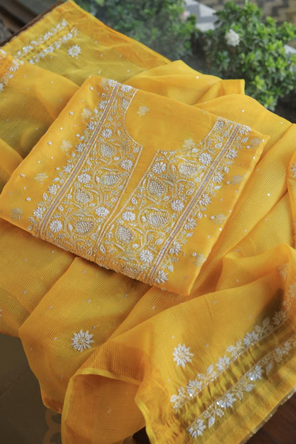 Bright Yellow Banarasi Zari Chanderi Unstitched Chikankari Fabrics