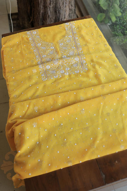 Bright Yellow Banarasi Zari Chanderi Unstitched Chikankari Fabrics