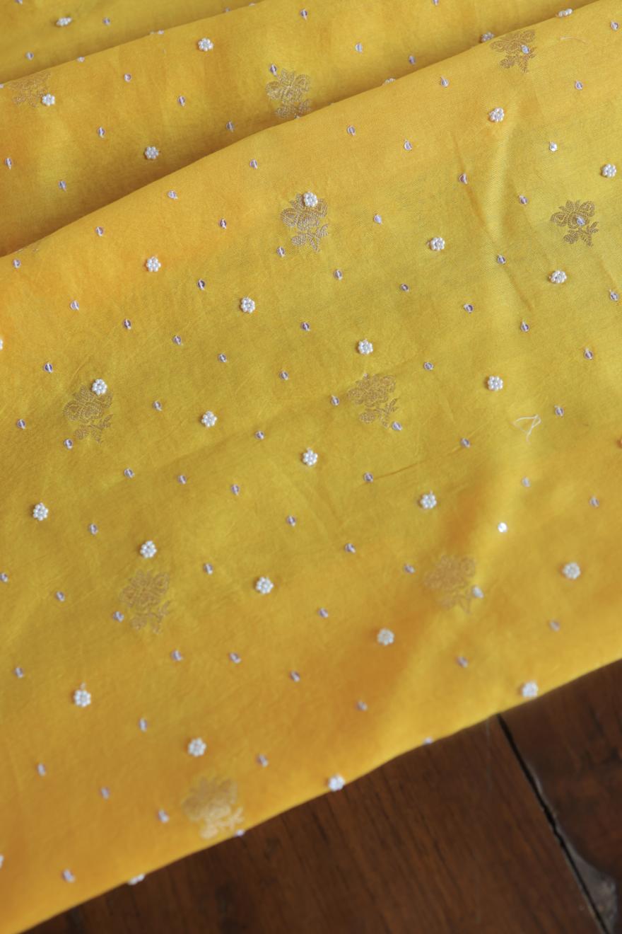 Bright Yellow Banarasi Zari Chanderi Unstitched Chikankari Fabrics