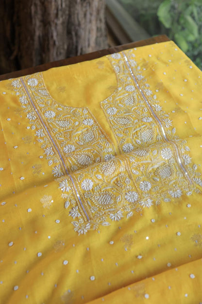 Bright Yellow Banarasi Zari Chanderi Unstitched Chikankari Fabrics