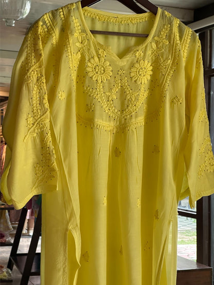 Yellow Chanderi Mukaish Kamdani Short Kurti