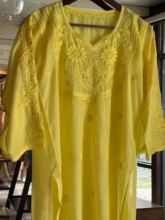 Yellow Chanderi Mukaish Kamdani Short Kurti