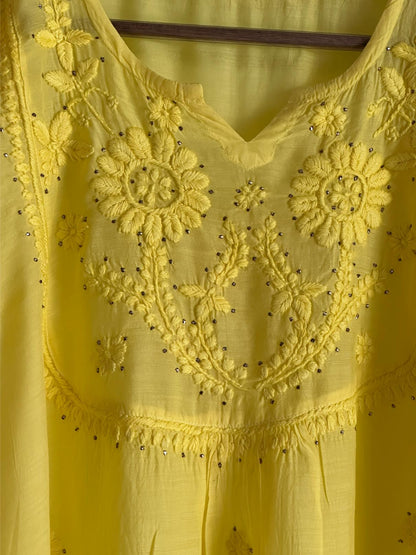 Yellow Chanderi Mukaish Kamdani Short Kurti