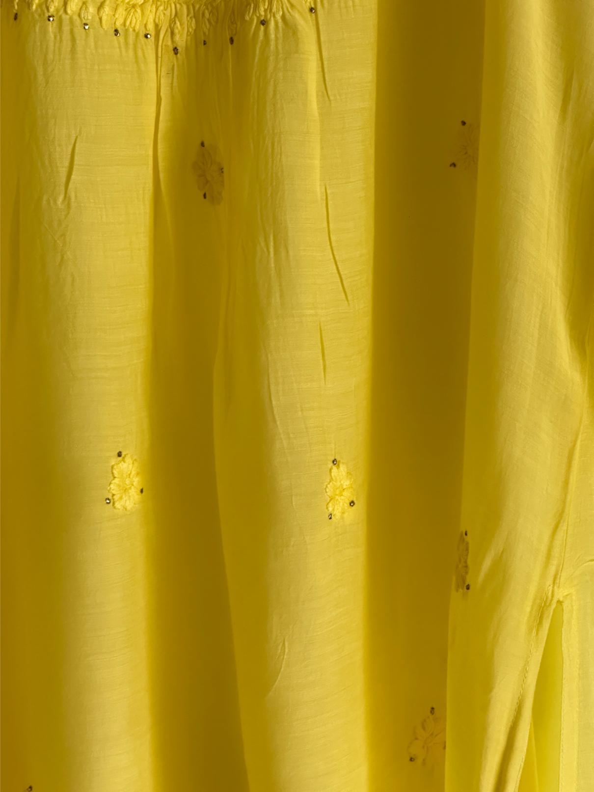 Yellow Chanderi Mukaish Kamdani Short Kurti