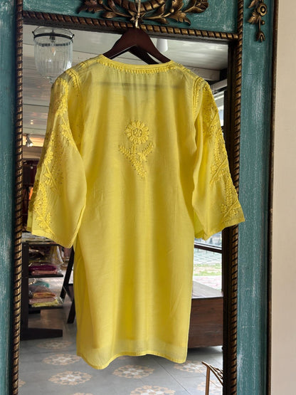 Yellow Chanderi Mukaish Kamdani Short Kurti