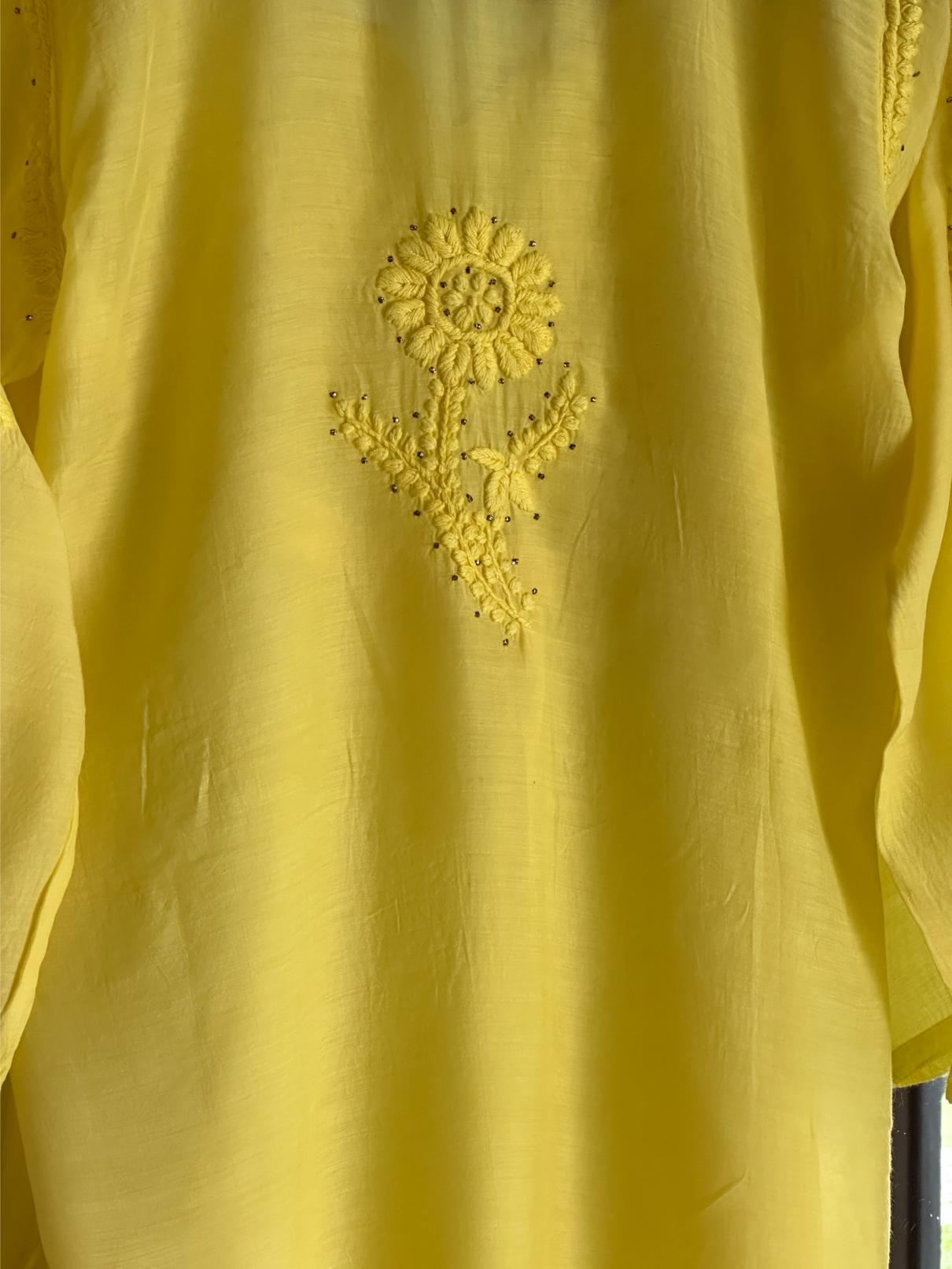 Yellow Chanderi Mukaish Kamdani Short Kurti