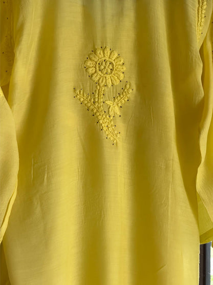 Yellow Chanderi Mukaish Kamdani Short Kurti