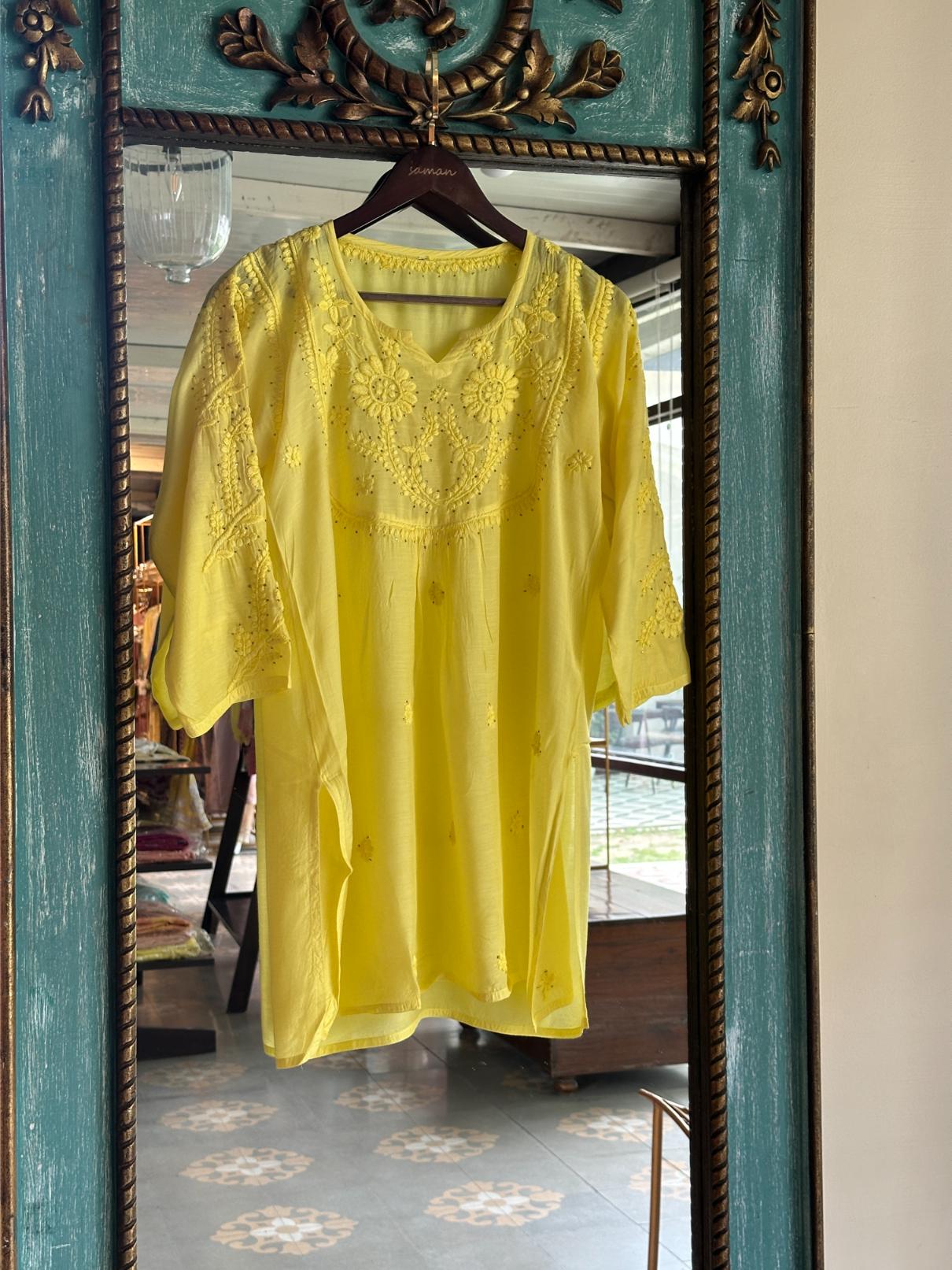 Yellow Chanderi Mukaish Kamdani Short Kurti