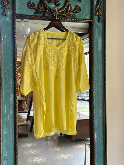 Yellow Chanderi Mukaish Kamdani Short Kurti
