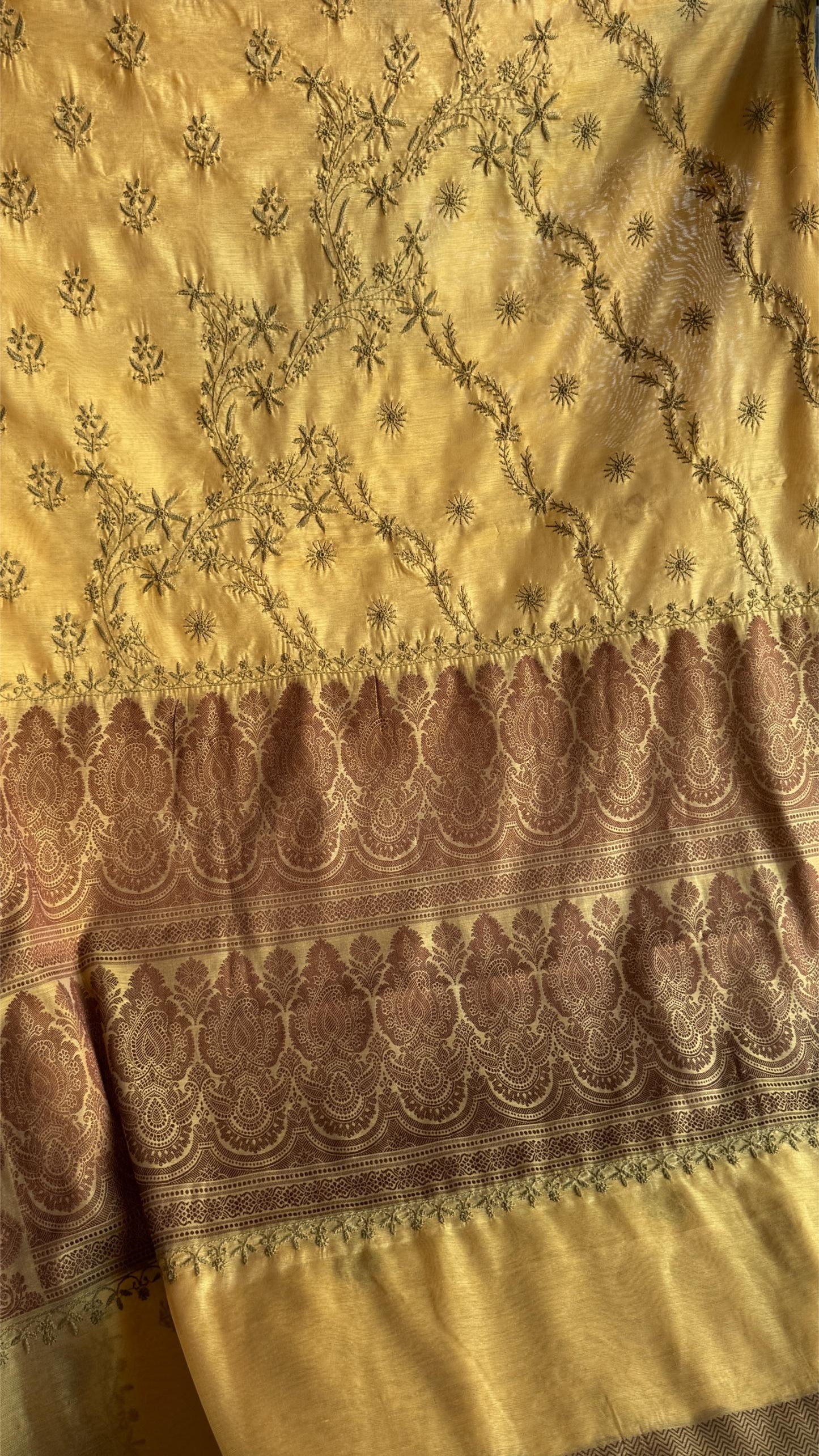 Yellow Chanderi Saree with Chikankari Embroidery & Banarasi Zari Border