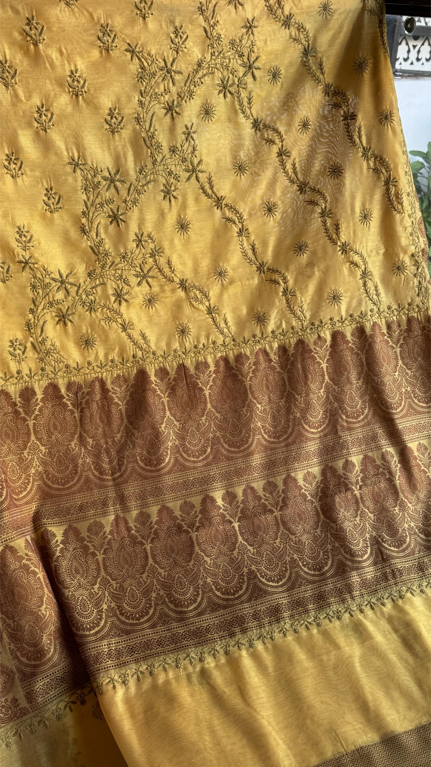 Yellow Chanderi Saree with Chikankari Embroidery & Banarasi Zari Border