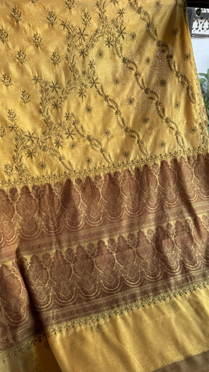Yellow Chanderi Saree with Chikankari Embroidery & Banarasi Zari Border