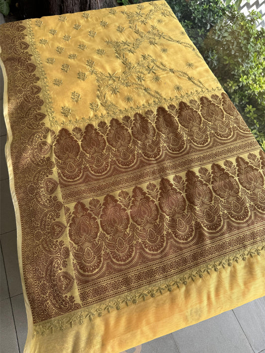 Yellow Chanderi Saree with Chikankari Embroidery & Banarasi Zari Border