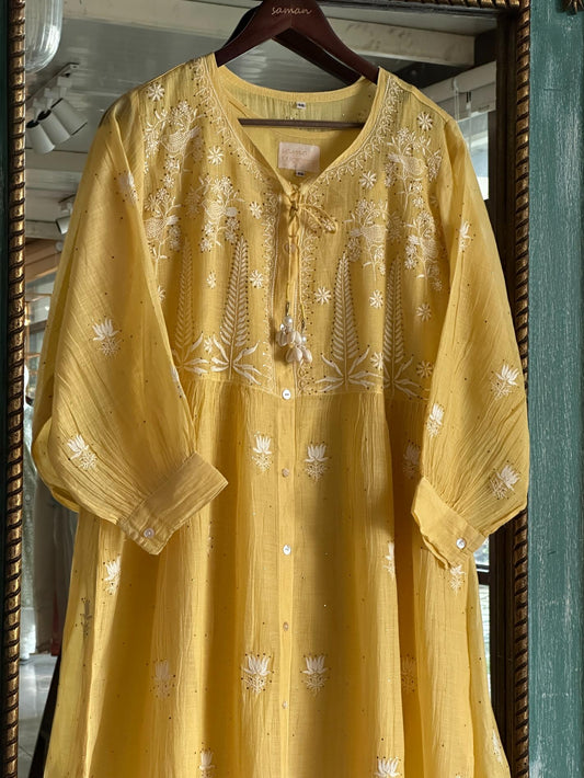 Yellow Chikankari Embroidered Kurta with Front Buttons & Tassel Detail